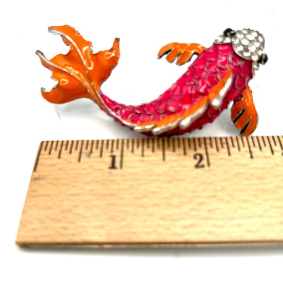 Pink & Orange Enamel Koi Fish Brooch with Rhinestonnes - Picture 6 of 11
